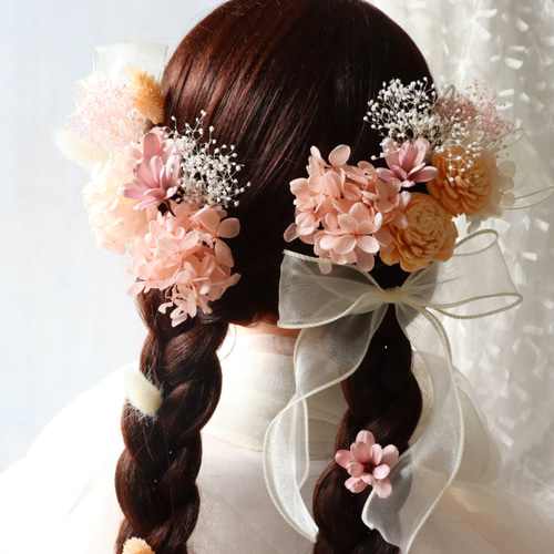 オレンジのソーラーローズとリボンの髪飾り 成人式用髪飾り 卒業式ヘア