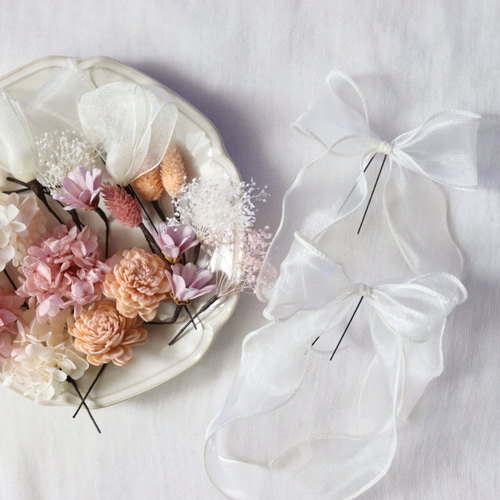 オレンジのソーラーローズとリボンの髪飾り 成人式用髪飾り 卒業式ヘア