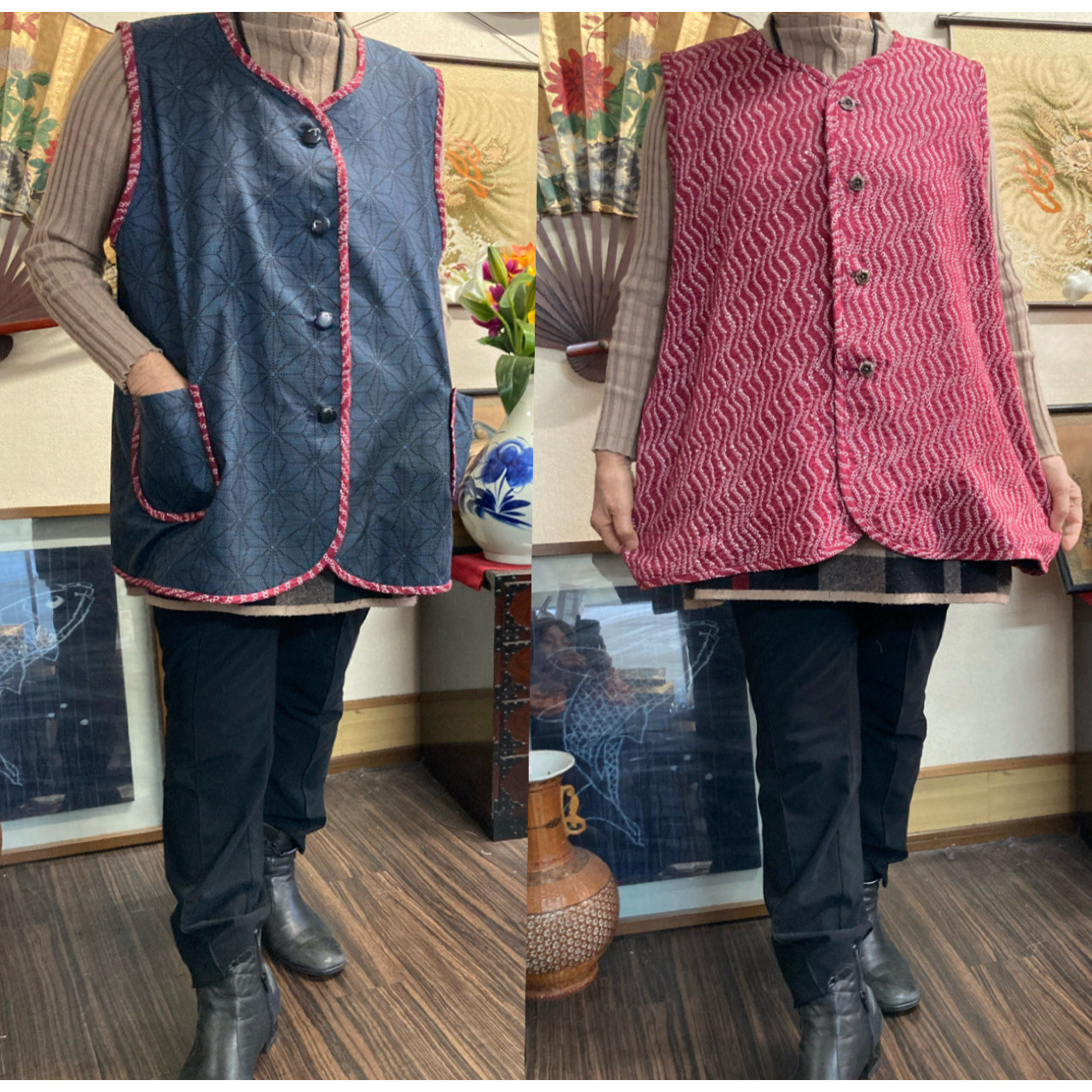 藍大島と総絞り(エンジ色)のリバーシブル前開きベスト　　　着物リメイク