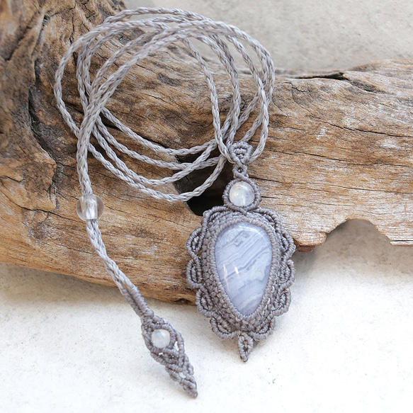 ブルーレースアゲートとレインボームーンストーン天然石マクラメネックレスmac403-エスニックアジアンエキゾチック 9枚目の画像