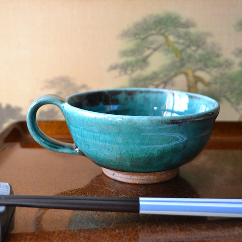 再入荷！】スープカップ（ターコイズ）極み スープ皿 お洒落 ☆萩焼