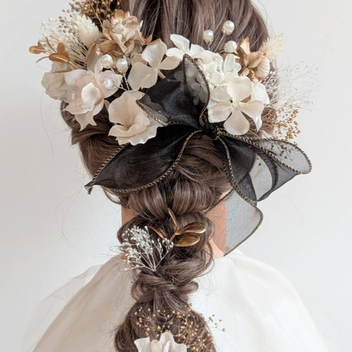 髪飾り 白 黒 ゴールドドライフラワー パール リボン 成人式 卒業式
