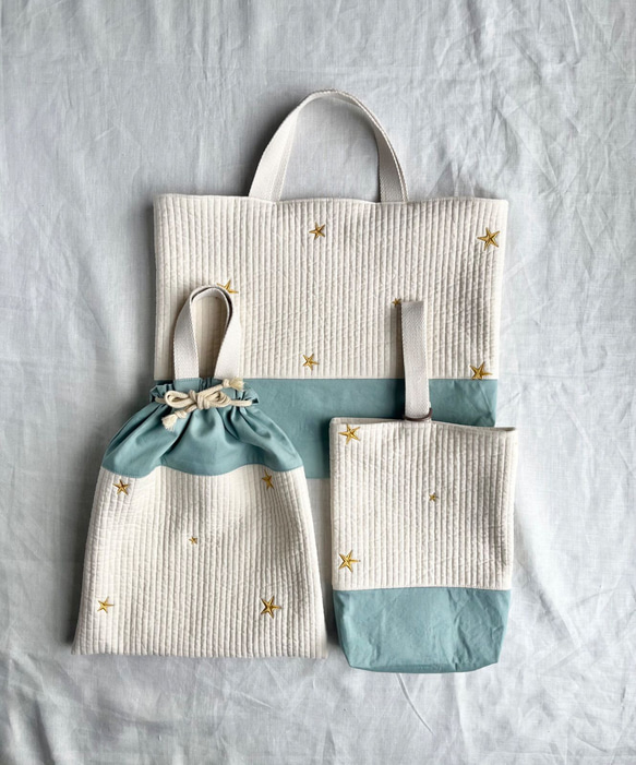 ヌビ イブル生地レッスンバッグ ゴールドスター＆くすみブルー 体操服