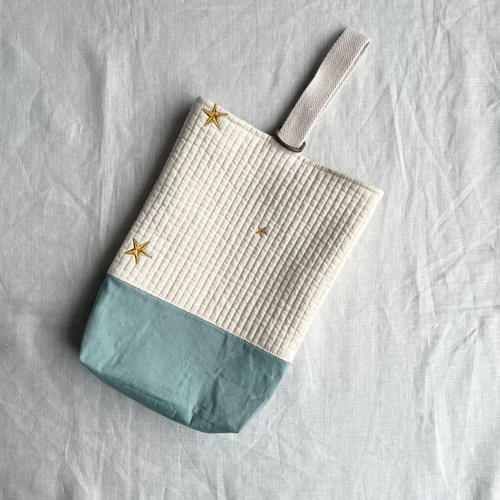 ヌビ イブル生地レッスンバッグ ゴールドスター＆くすみブルー 体操服