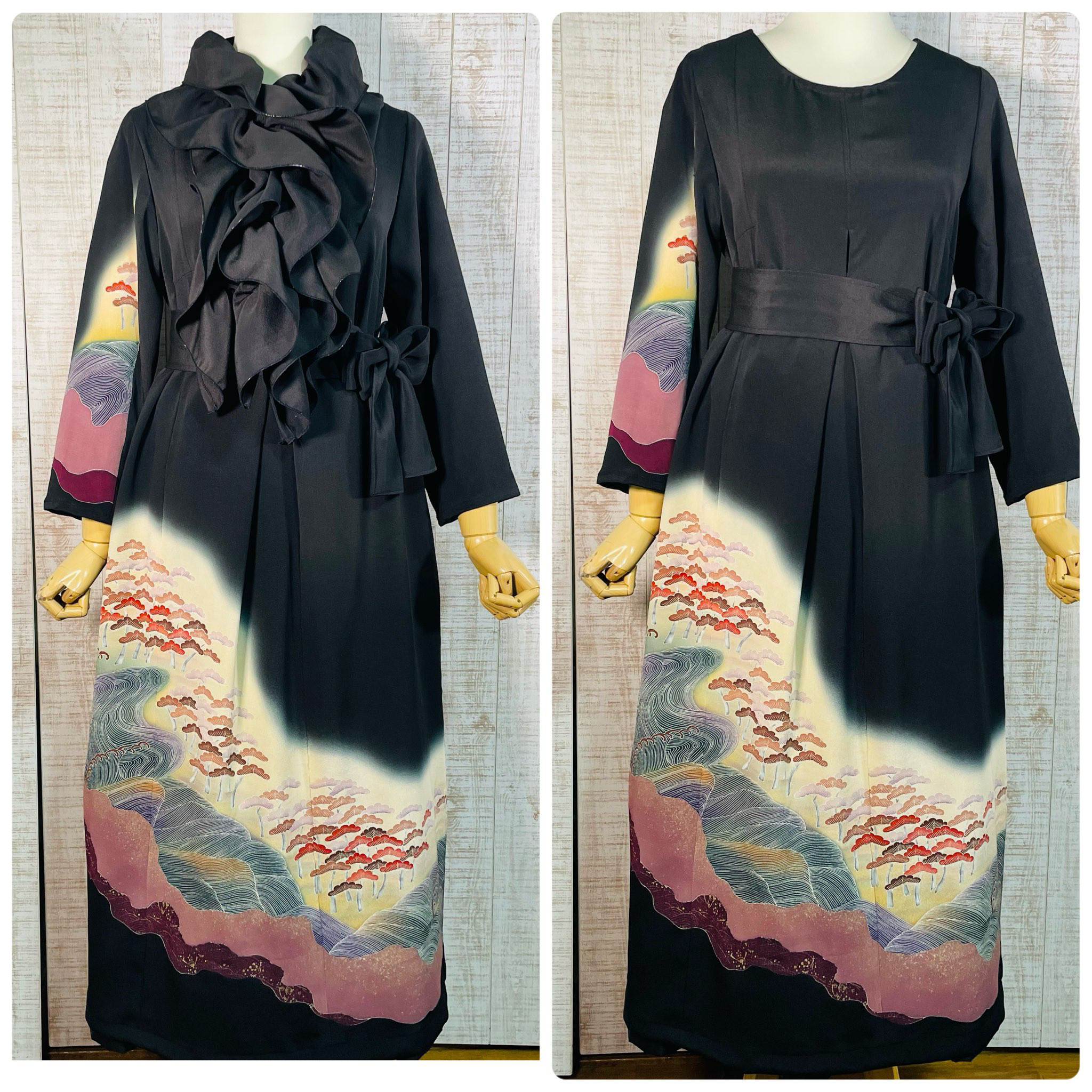 松原に荒波模様ぼかし正絹黒留袖ワンピースＭ～Ｌ＆ギャザーストール