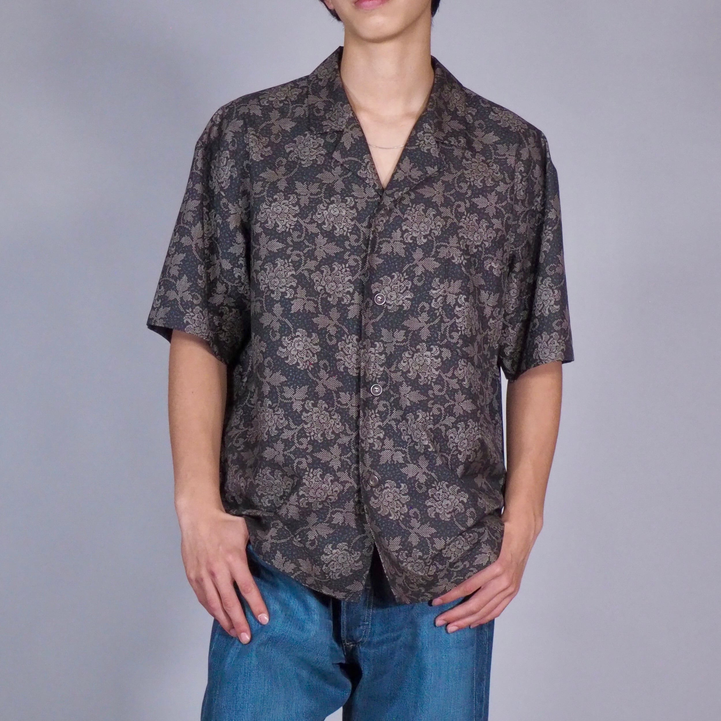 着物リメイク  テーラーシャツ UMUI ユニセックス シルクシャツL 大島紬 ジャカード花柄　ストライプ 19,166円