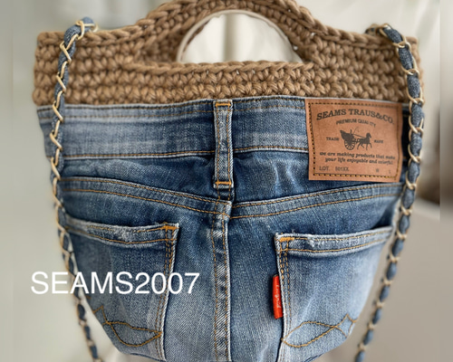 ハンドメイド　デニムリメイク バッグ　マルシェ　バケツバッグ b07e59176ea607e7c7c83103a6c76d