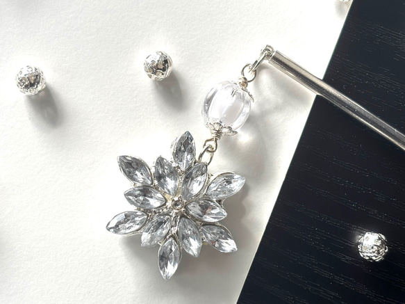 かんざし ラインストーンの雪の結晶カボション シルバー 透明 クリア