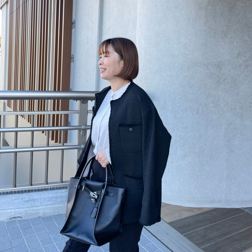 ラスト① ゆったり着痩せ♡ノーカラーツイードジャケット黒【FREE