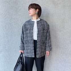 小柄S□ゆったり着痩せ♡普段～お式♡ノーカラーツイードジャケット