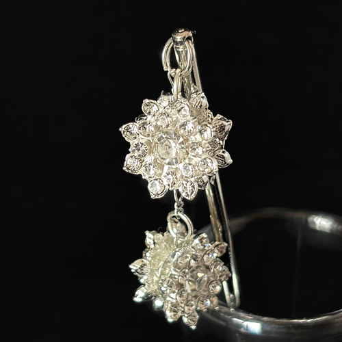 かんざし ラインストーンの雪の結晶カボション2連 シルバー 一本挿し