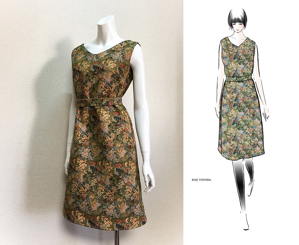 【1点もの・デザイン画付き】ベルト付きゴブラン織りノースリーブワンピース（KOJI TOYODA）
