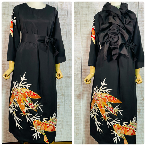 着物リメイク＊笹柄刺繍正絹黒留袖ワンピースM～L＆ギャザーストール
