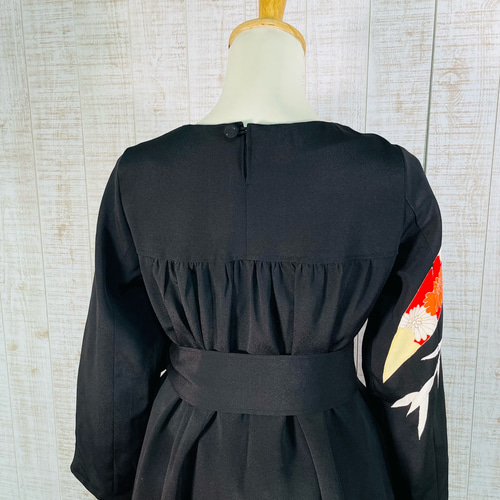 着物リメイク＊笹柄刺繍正絹黒留袖ワンピースM～L＆ギャザーストール