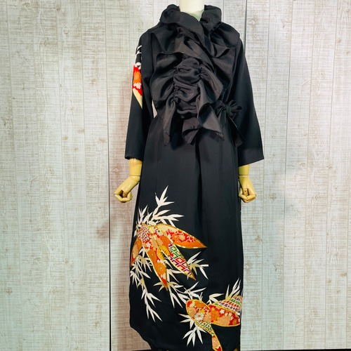 着物リメイク＊笹柄刺繍正絹黒留袖ワンピースM～L＆ギャザーストール