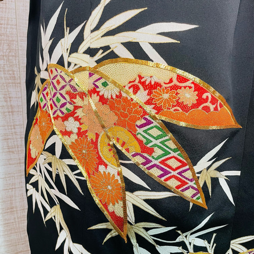 着物リメイク＊笹柄刺繍正絹黒留袖ワンピースM～L＆ギャザーストール