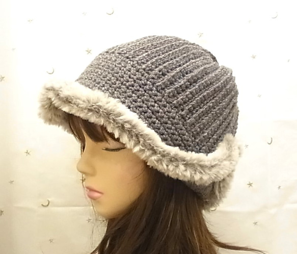 ニット帽 ニットキャップ 帽子　手編みグレー　 2枚目の画像