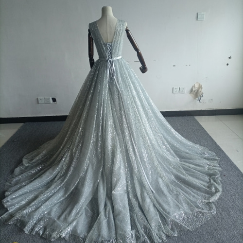 ウエディングドレス シルバー キラキラグリッターチュール プリンセス