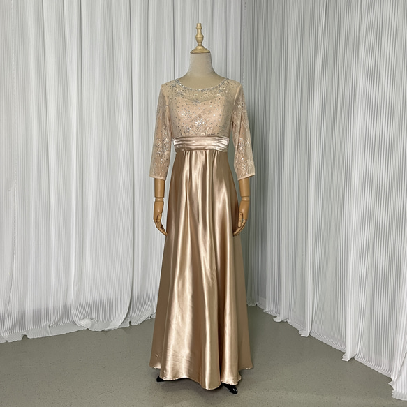 送料無料！パーティードレス ビジュードレス シャンパン色 七分袖丈  