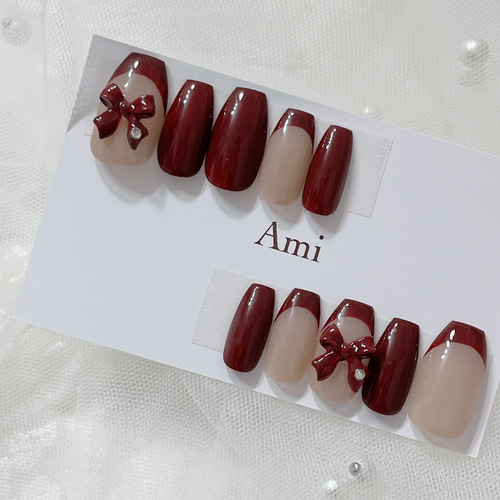 ネイルチップ＊ボルドー 赤 レッド ベージュ リボン フレンチ シルバー