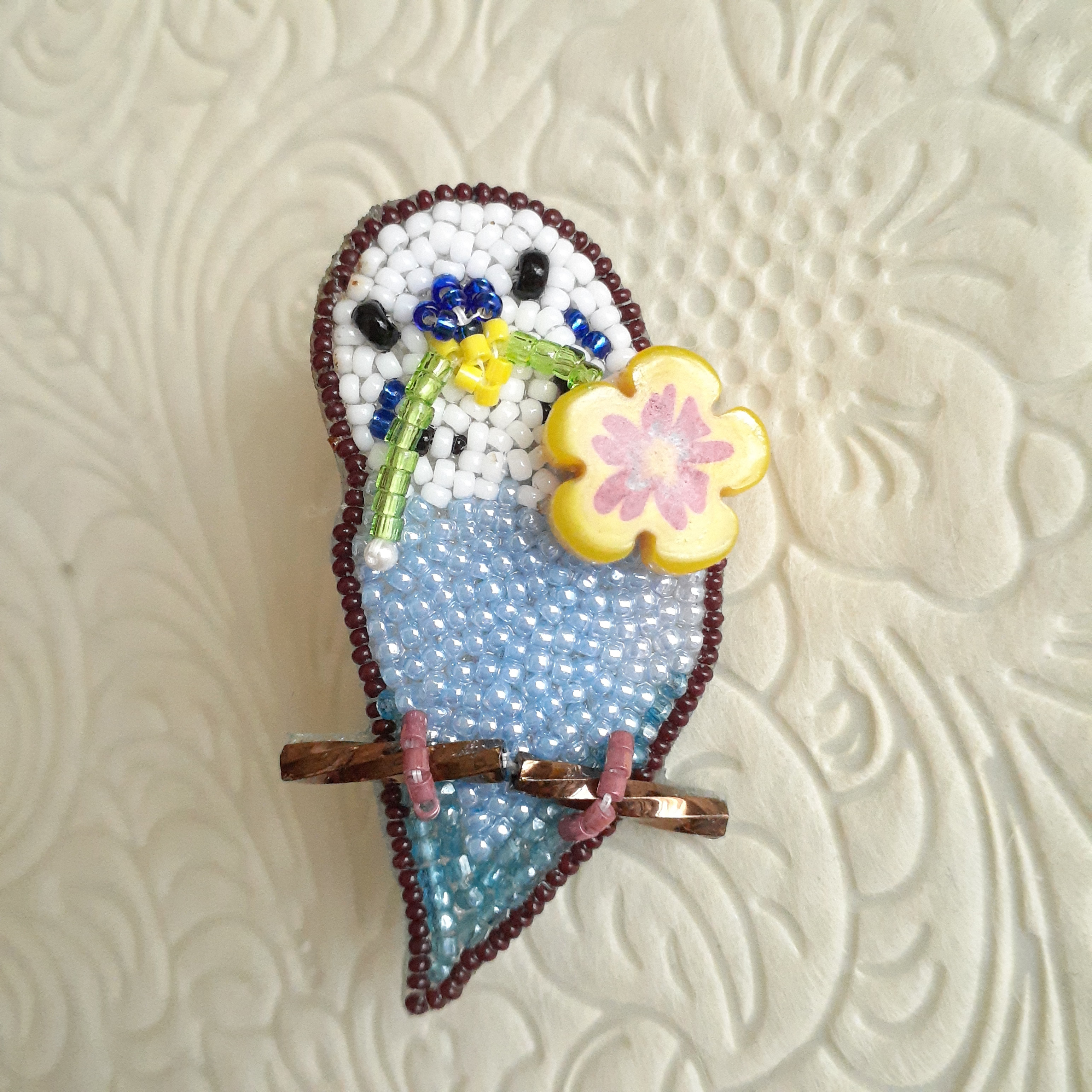 アート　ブローチ　鳥　時計　布　ビーズ　刺繍　芸術 アート ブローチ 鳥 時計 布 ビーズ 刺繍 芸術