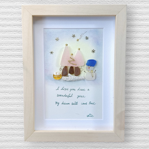 シーグラスアート no.35 ピンクのツリーと雪だるまとともに①