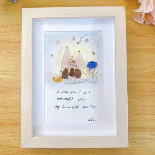 シーグラスアート no.35 ピンクのツリーと雪だるまとともに①