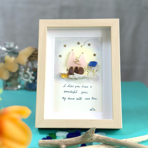 シーグラスアート no.35 ピンクのツリーと雪だるまとともに①