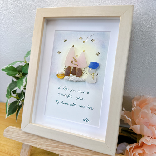 シーグラスアート no.35 ピンクのツリーと雪だるまとともに①