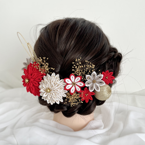 赤×白×ゴールド つまみ細工髪飾り 成人式/卒業式/七五三/ウエディング