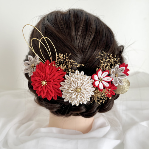 赤×白×ゴールド つまみ細工髪飾り 成人式/卒業式/七五三/ウエディング