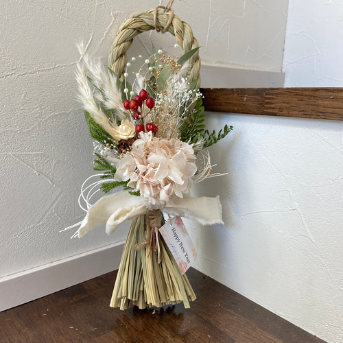 2025☆縦型しめ縄飾り/ピンク紫陽花 ドライフラワー2way取り外し可能