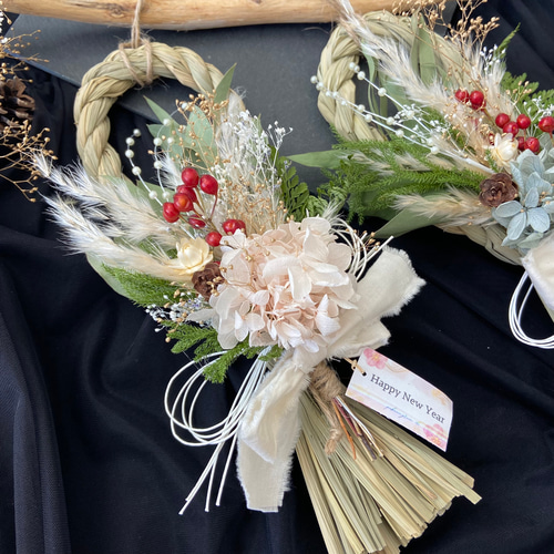 2025☆縦型しめ縄飾り/ピンク紫陽花 ドライフラワー2way取り外し可能