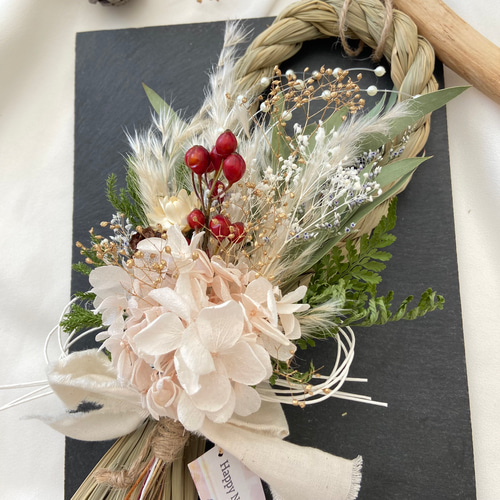 2025☆縦型しめ縄飾り/ピンク紫陽花 ドライフラワー2way取り外し可能