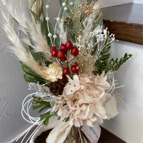 2025☆縦型しめ縄飾り/ピンク紫陽花 ドライフラワー2way取り外し可能