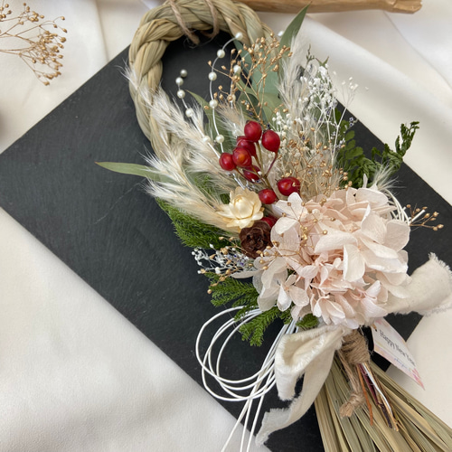 2025☆縦型しめ縄飾り/ピンク紫陽花 ドライフラワー2way取り外し可能