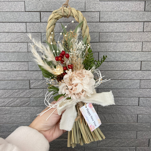 2025☆縦型しめ縄飾り/ピンク紫陽花 ドライフラワー2way取り外し可能