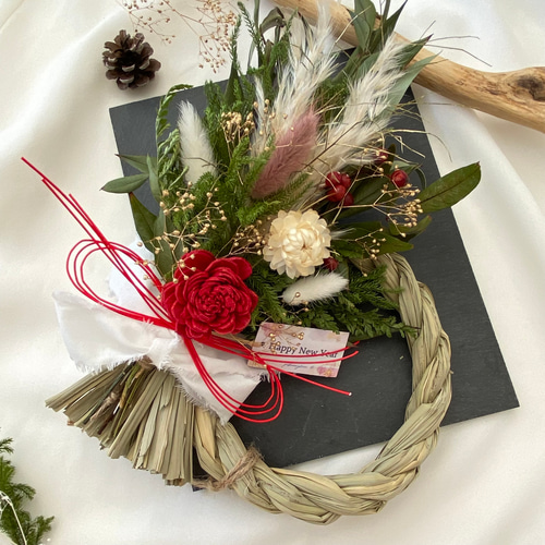 2025しめ縄飾り/ドライフラワースワッグ 2way 取り外し可能 赤ソーラー