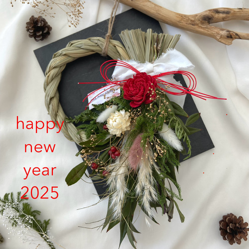 2025しめ縄飾り/ドライフラワースワッグ 2way 取り外し可能 赤ソーラー