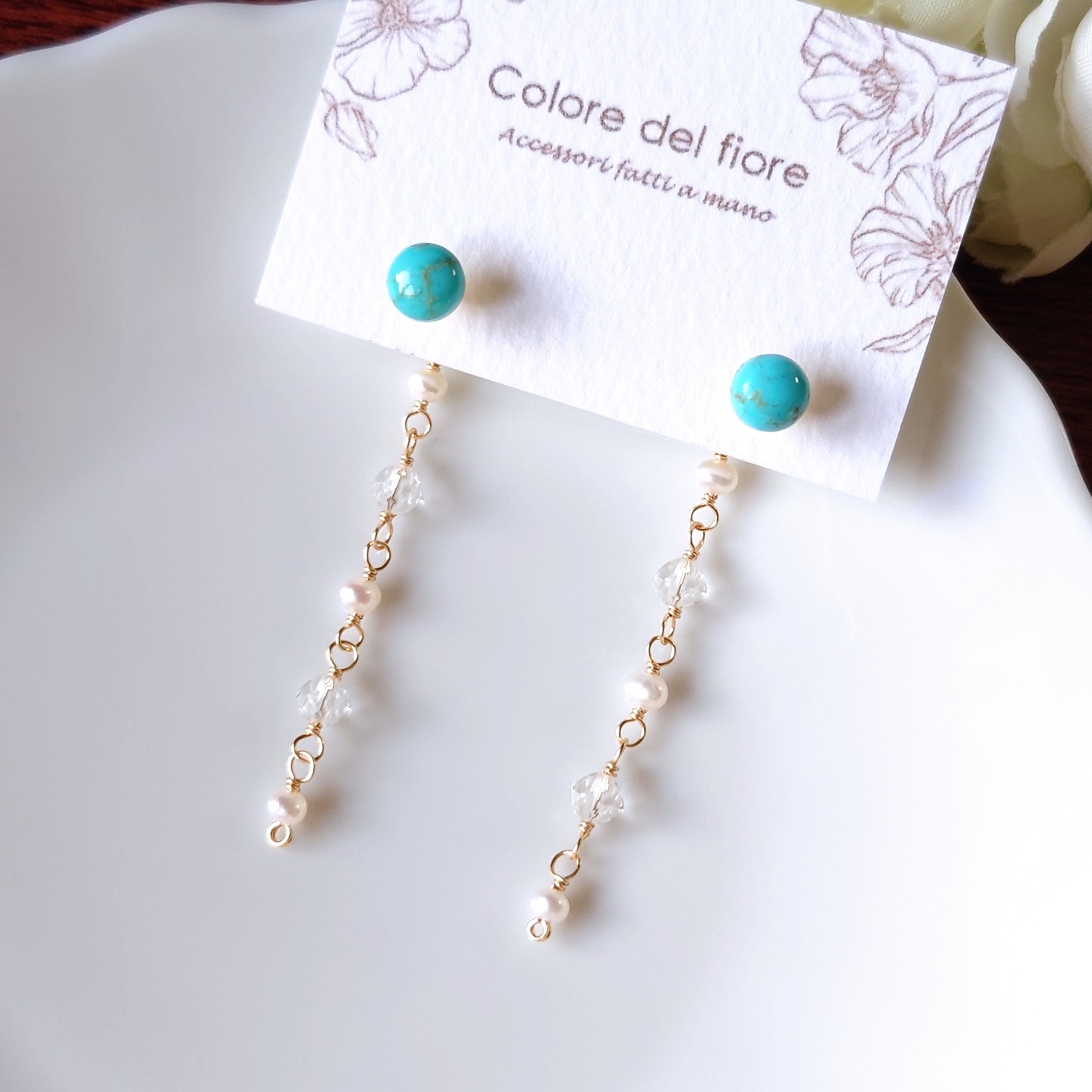 SUS316L✥キングマンターコイズ6㎜と天然水晶*淡水パールのピアス／イヤリング✥金属アレルギー対応