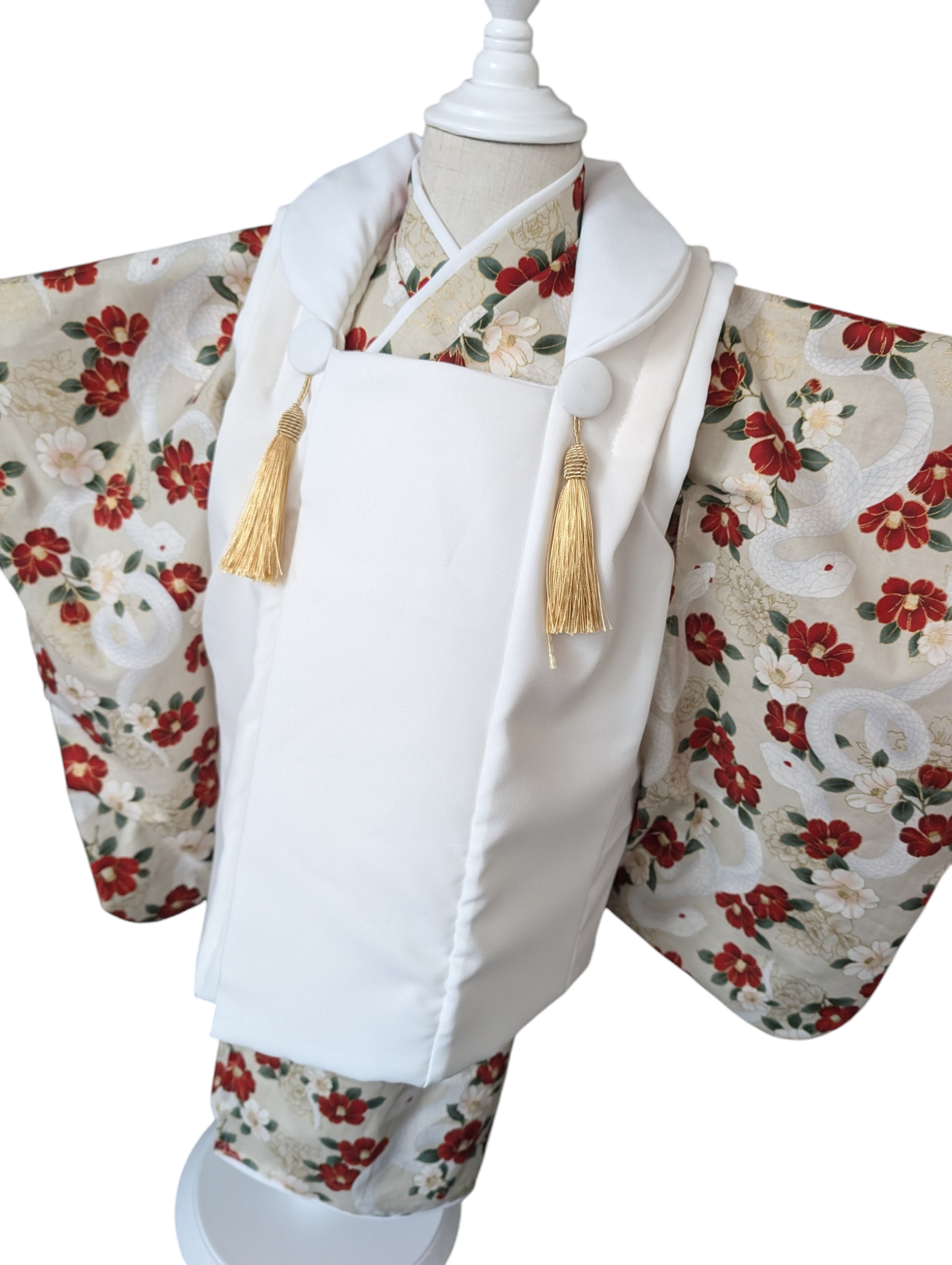 3歳着物　被布セット　白蛇✕椿　ホワイト　セパレート