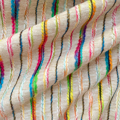 f3-h▽フランネル刺繍生地▽ストライプ柄 厚手 カラフル クリーム色