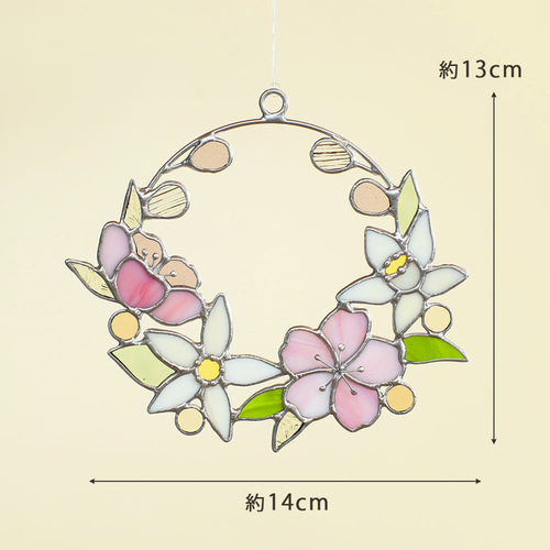 【ステンドグラス】桜と動物たちのお花見リース 日々の制作/桜リース | ann stained glass