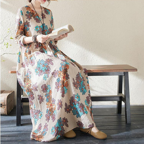 大きいサイズ】 レディース ロング ワンピース 春夏 秋 新品 長袖 花柄