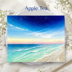 Earth【原画】夜明け前の海辺と飛行機曇 〜星降る夜空と眩い朝の間