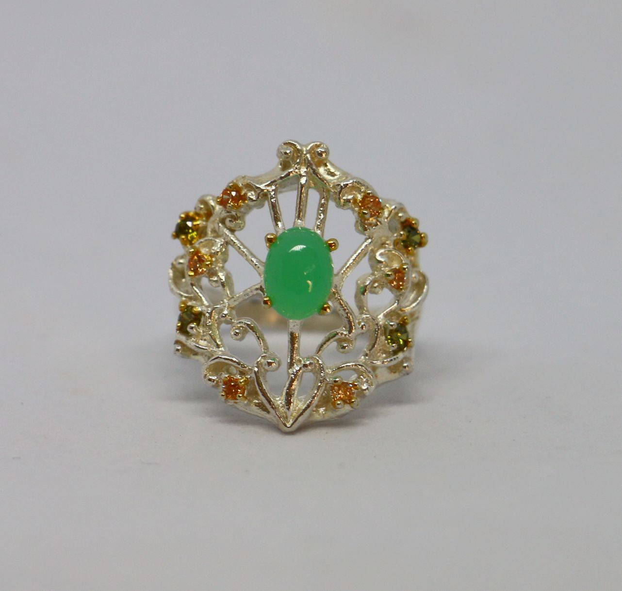 天然石　クリソプレーズ・キュービックジルコニア　Silver リング　14.5号　指輪