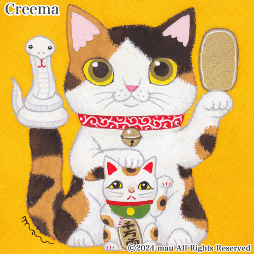原画「三毛猫と招き猫とへび〜猫に小判」ふしぎなねこのアート絵画