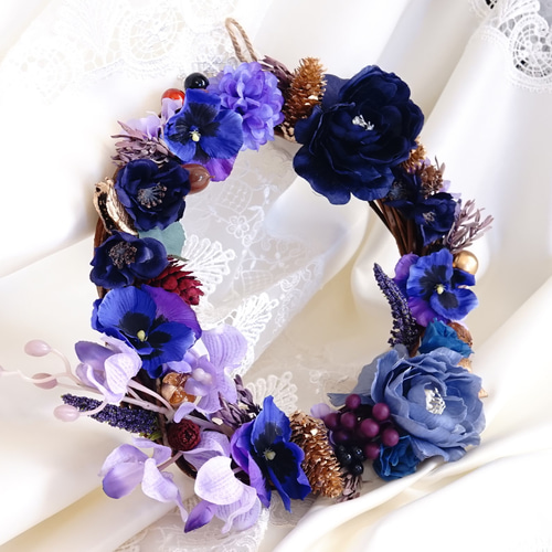 マダム・ミミのロイヤルブルーとパープルのクリスマスリース（送料無料