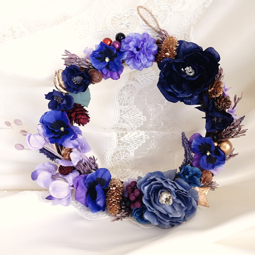 マダム・ミミのロイヤルブルーとパープルのクリスマスリース（送料無料