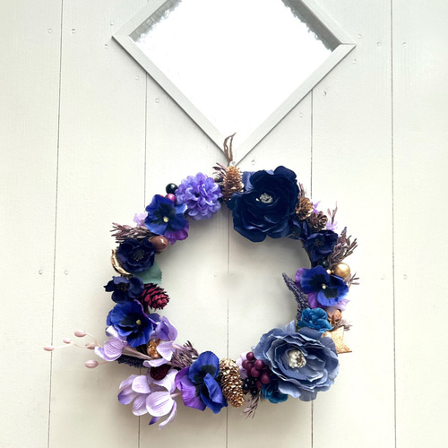 マダム・ミミのロイヤルブルーとパープルのクリスマスリース（送料無料